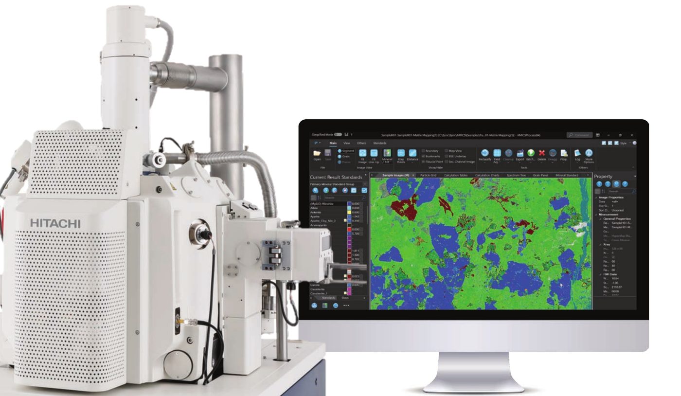 MEV Hitachi com o software AMICS exibindo um mapa mineral classificado